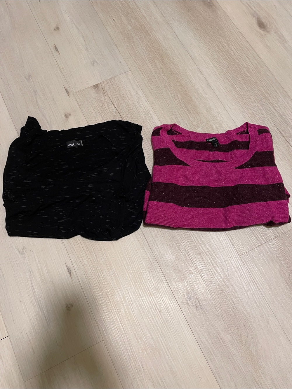 Wet Seal Black with Gray Short-Sleeve Top and Express Pink Striped Sweater Set